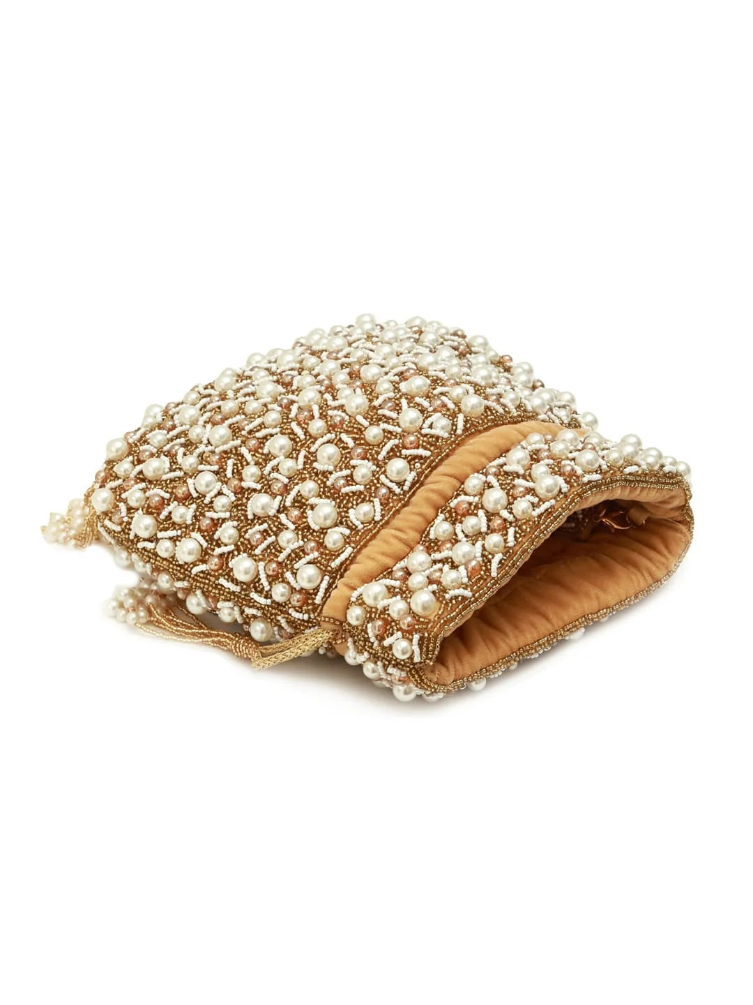 Rimsha golden pearl potli bag with tassels from The Tan Clan, featuring intricate pearl embellishments and traditional drawstring closure.