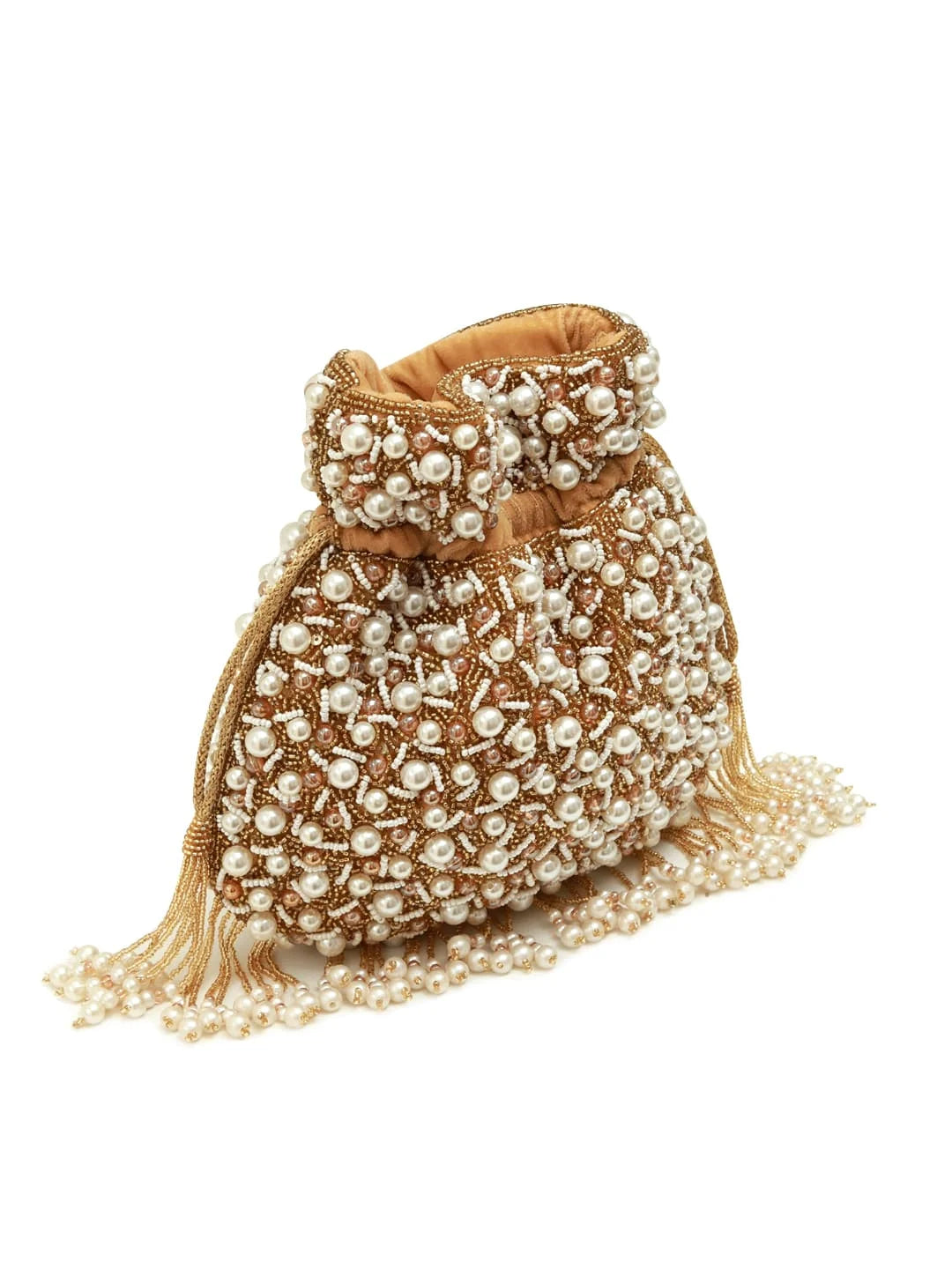 Rimsha golden pearl potli bag with tassels from The Tan Clan, featuring intricate pearl detailing and decorative tassels.