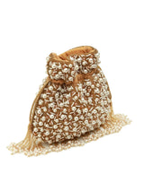 Rimsha golden pearl potli bag with tassels from The Tan Clan, featuring intricate pearl detailing and decorative tassels.