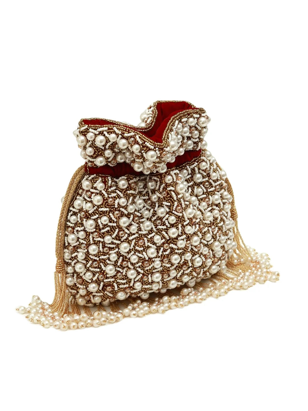 Red pearl potli bag with tassels from The Tan Clan, stylish traditional Indian purse featuring intricate design and decorative tassels.