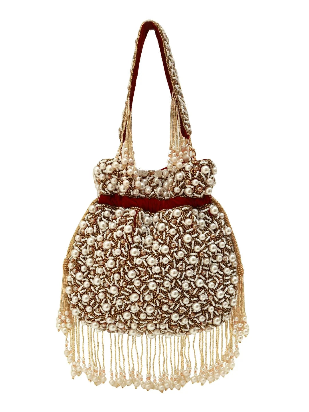 Rimsha Red Pearl Potli Bag with Tassels from The Tan Clan featuring intricate pearl embellishments and decorative tassels.