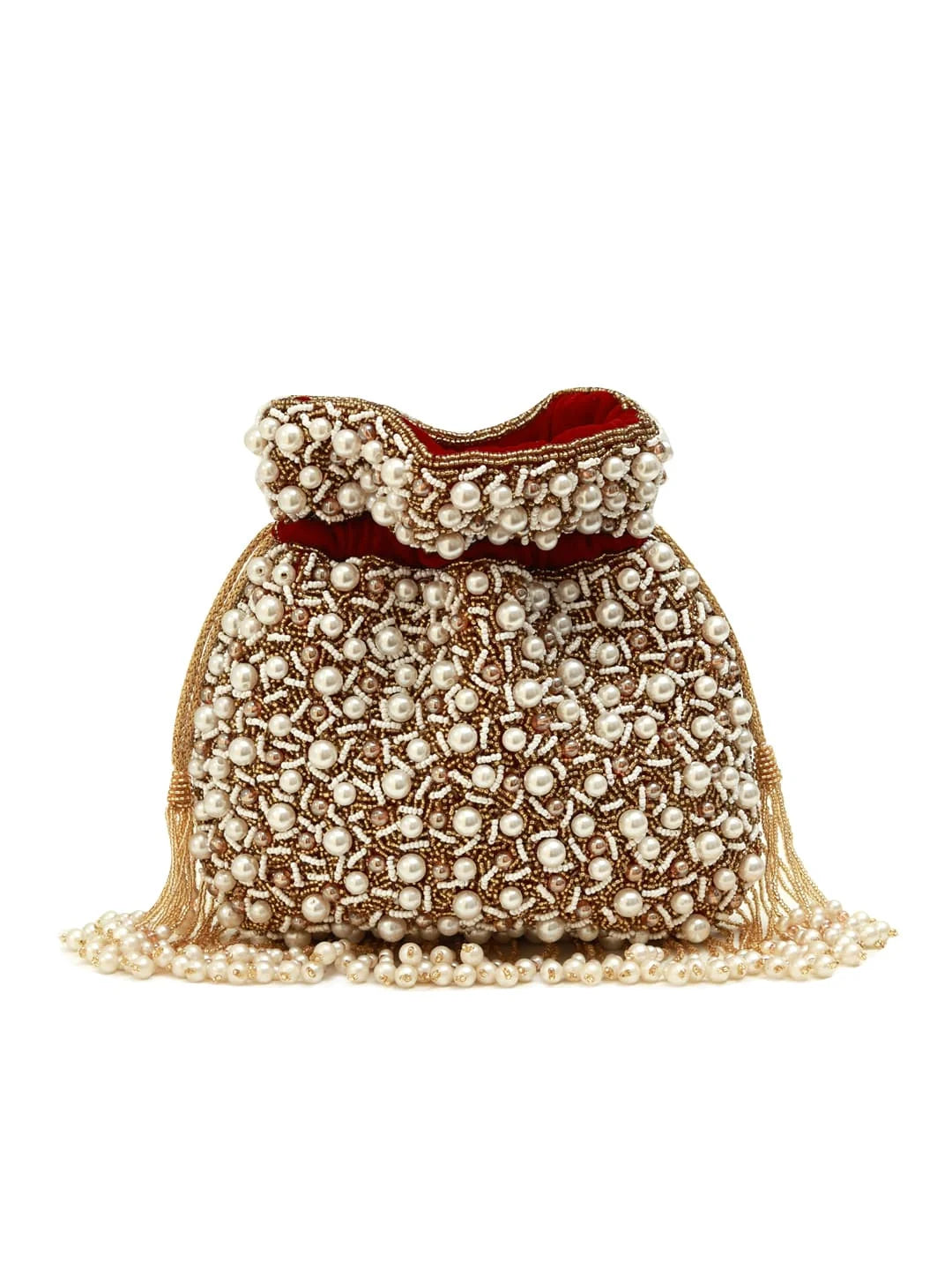 Rimsha red pearl potli bag with tassels from The Tan Clan, featuring intricate embroidery and decorative beads for traditional style.