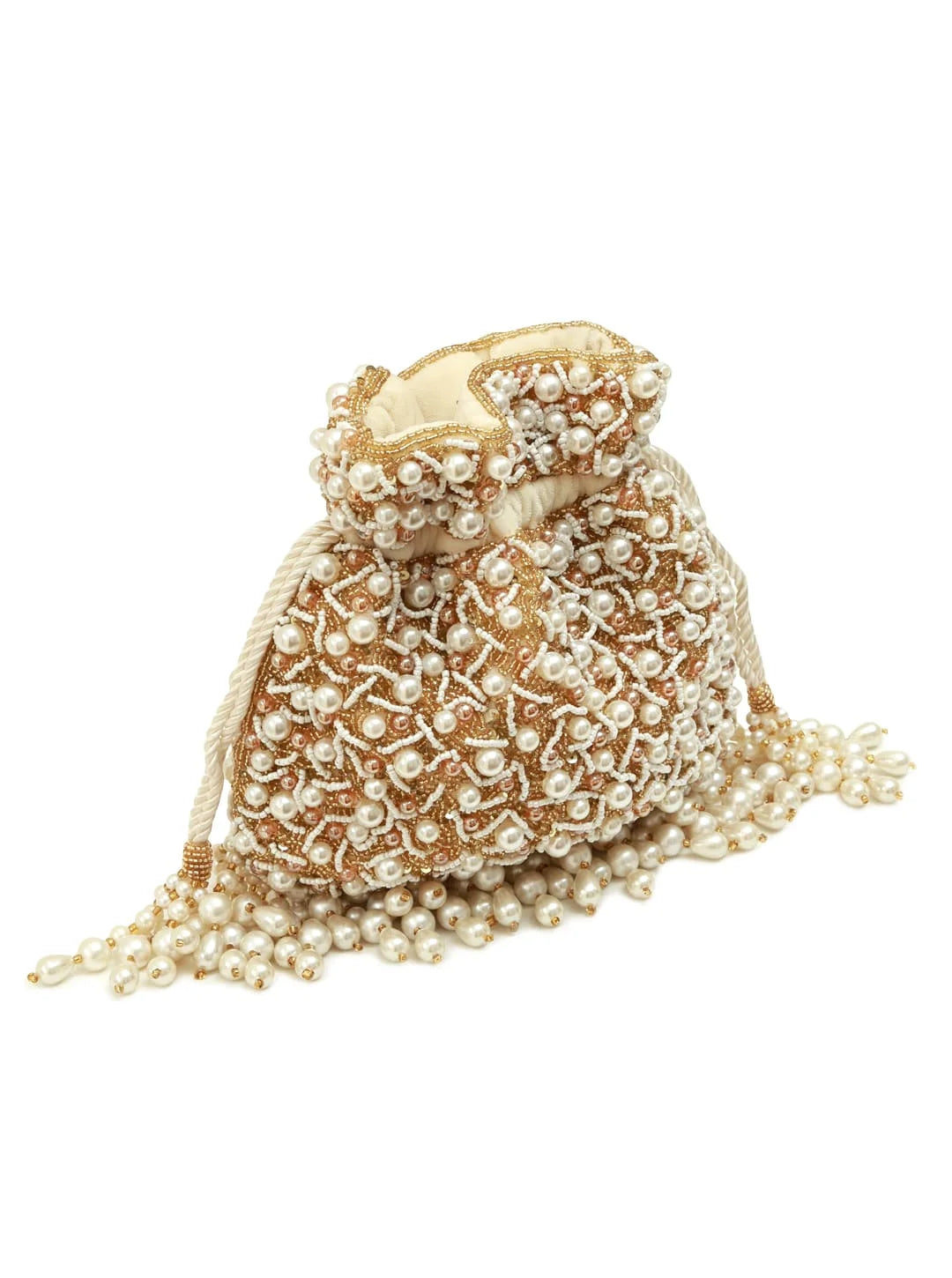 Rimsha White Pearl Potli Bag with tassels from The Tan Clan, featuring white pearls and decorative tassels for traditional elegance.