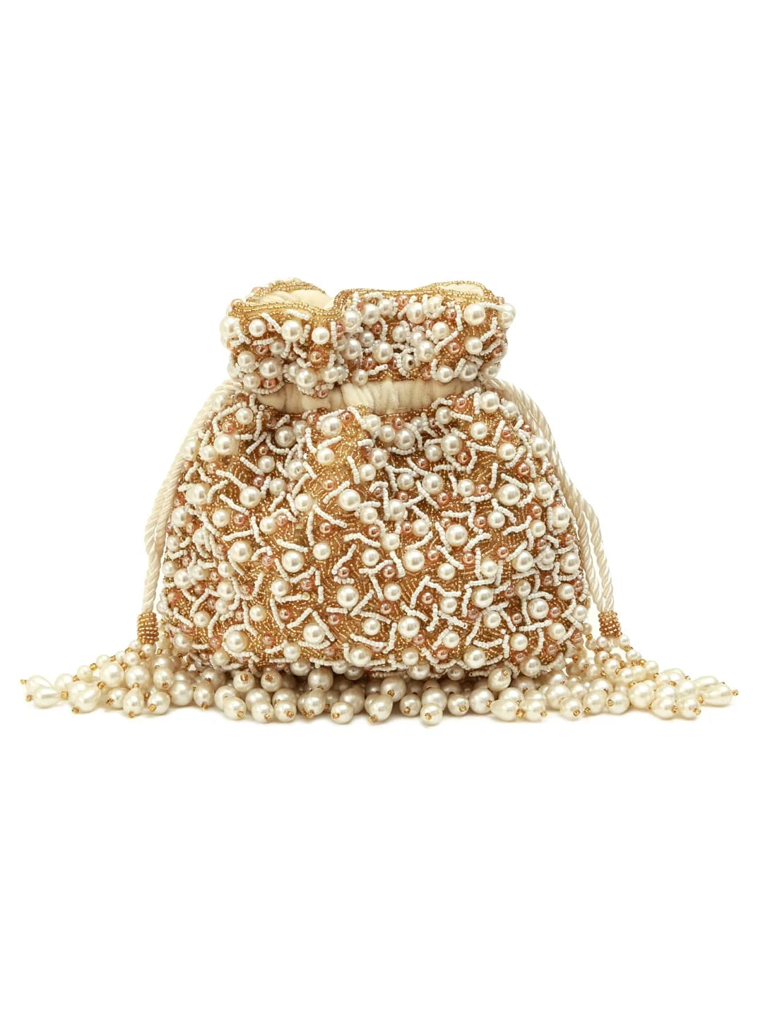 Rimsha white pearl potli bag with tassels from The Tan Clan, featuring a decorative pearl design and traditional drawstring closure.