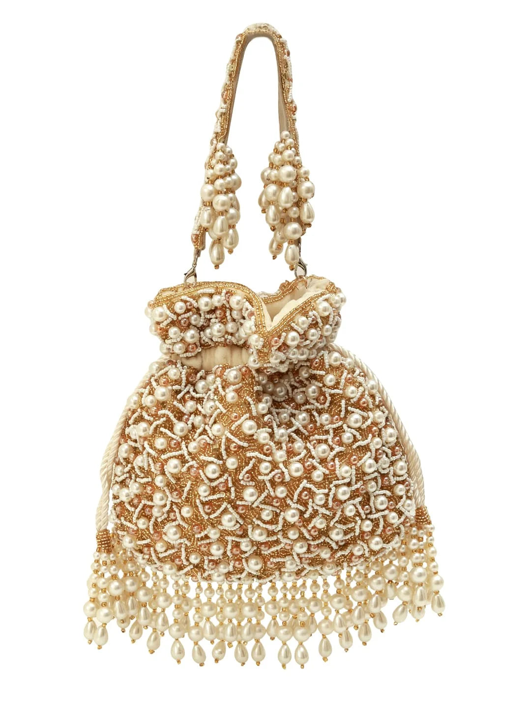 Rimsha white pearl potli bag with tassels from The Tan Clan, featuring a decorative pearl design and traditional drawstring closure.