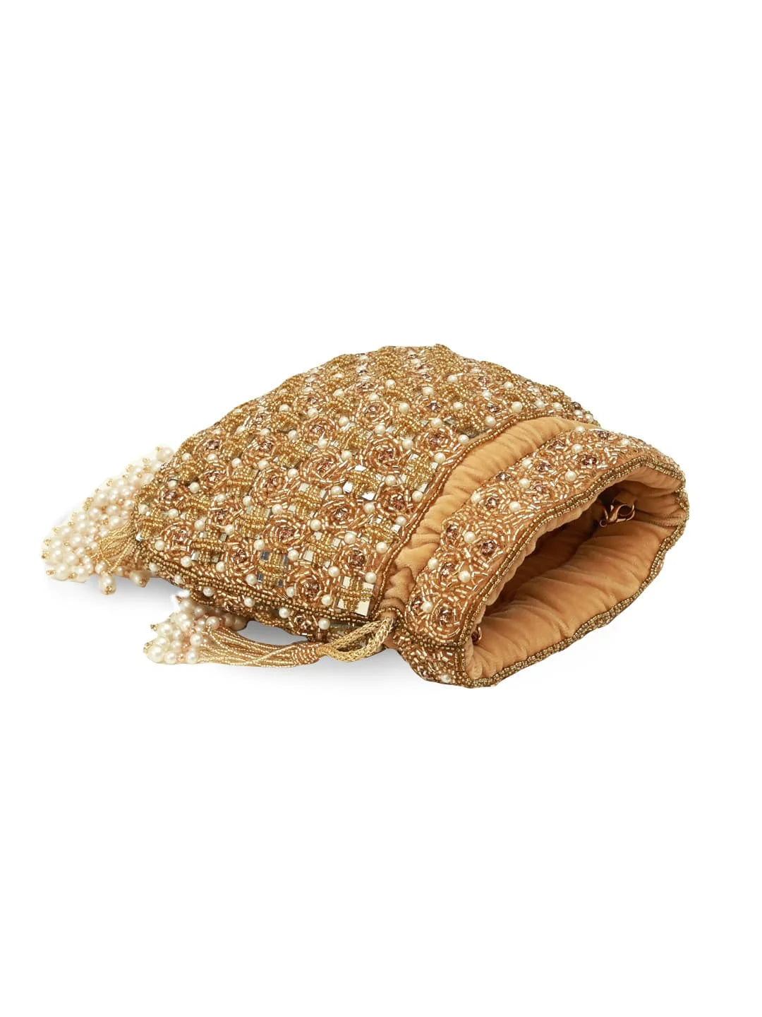 Sehaj golden tasselled potli bag by The Tan Clan featuring intricate embroidery and decorative tassels for elegant occasions.
