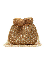 Sehaj golden tasselled potli bag with traditional design and decorative tassels, from The Tan Clan, made for special occasions.