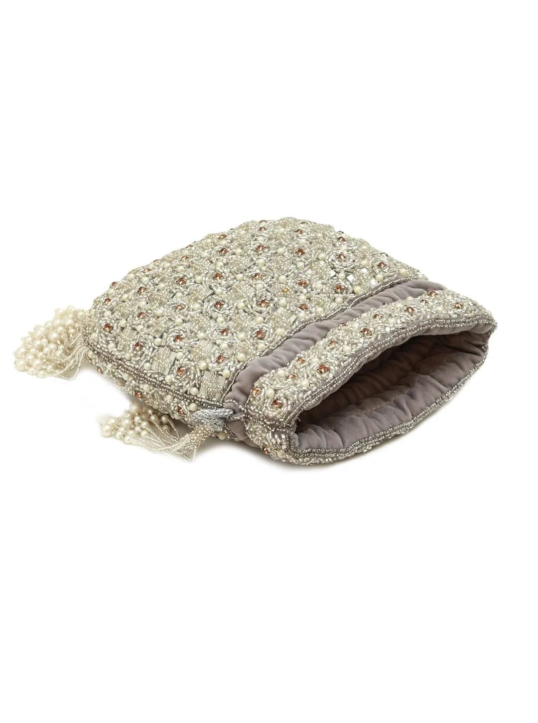 Sehaj Grey Tasselled Potli Bag by The Tan Clan featuring tassels and traditional design for elegant occasions.