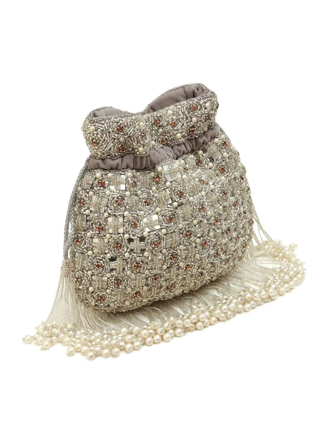 Sehaj grey tasselled potli bag by The Tan Clan with decorative tassels and traditional design, ideal for festive occasions.