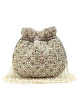 Sehaj grey tasselled potli bag by The Tan Clan featuring traditional design and decorative tassels, perfect for festive occasions.