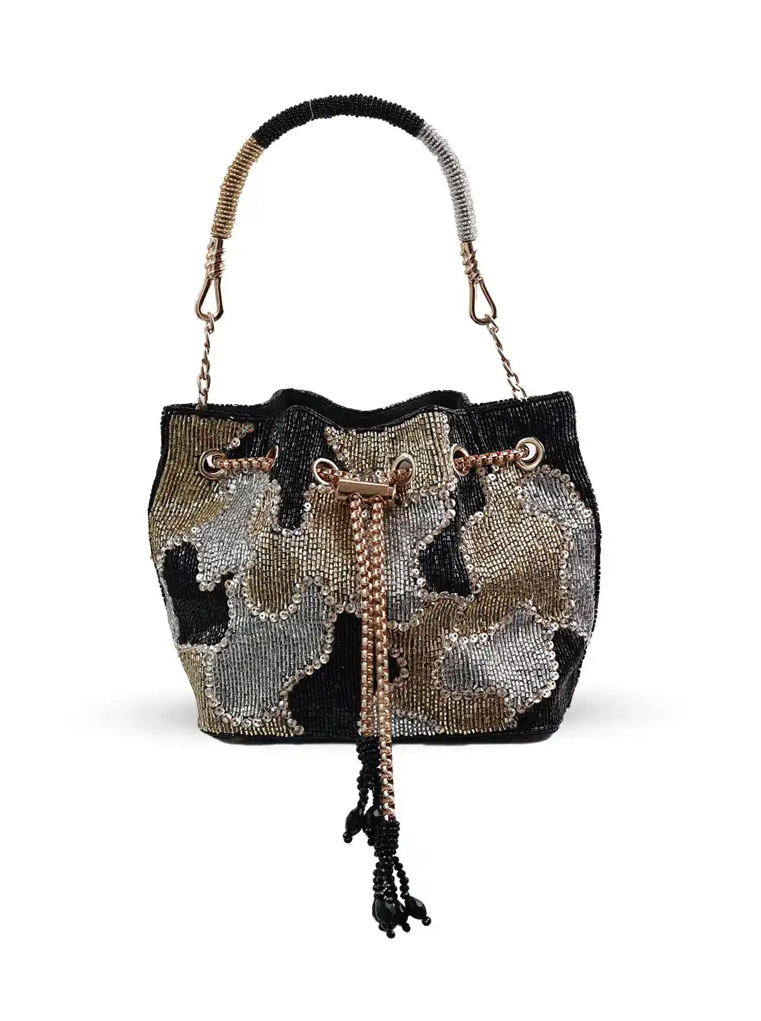 Terra Black Bucket Bag from The Tan Clan, a stylish potli bag with a rounded shape and decorative drawstring closure.