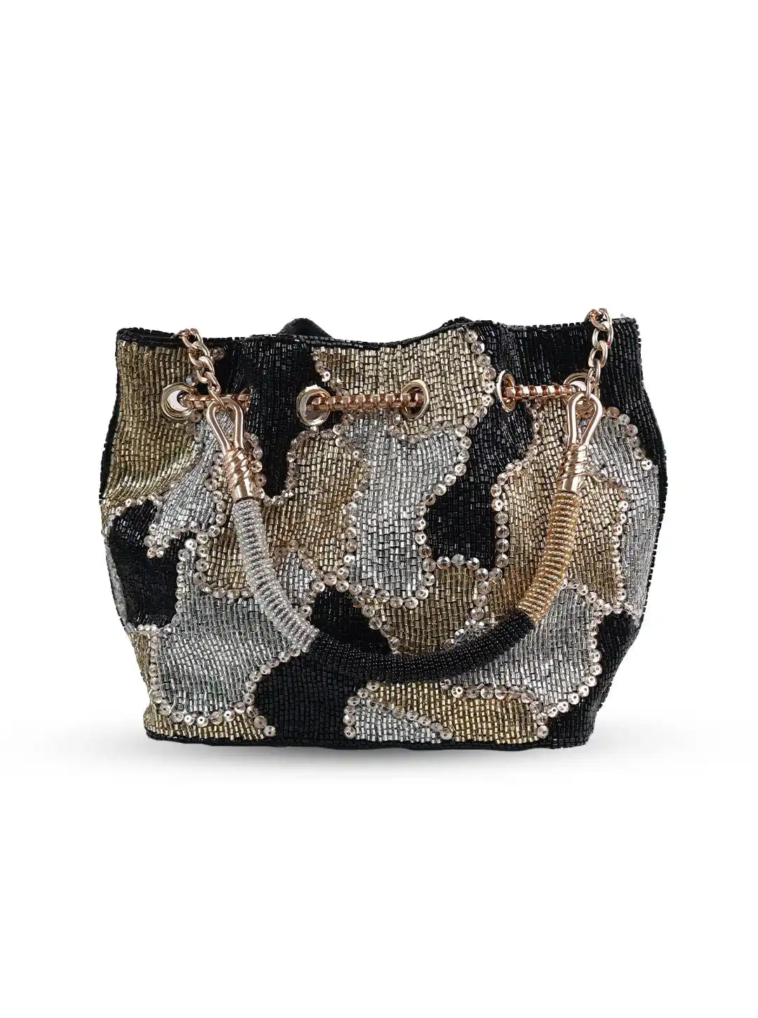 Black Terra Bucket Bag by The Tan Clan, a stylish potli bag with a rounded shape and decorative drawstring closure.