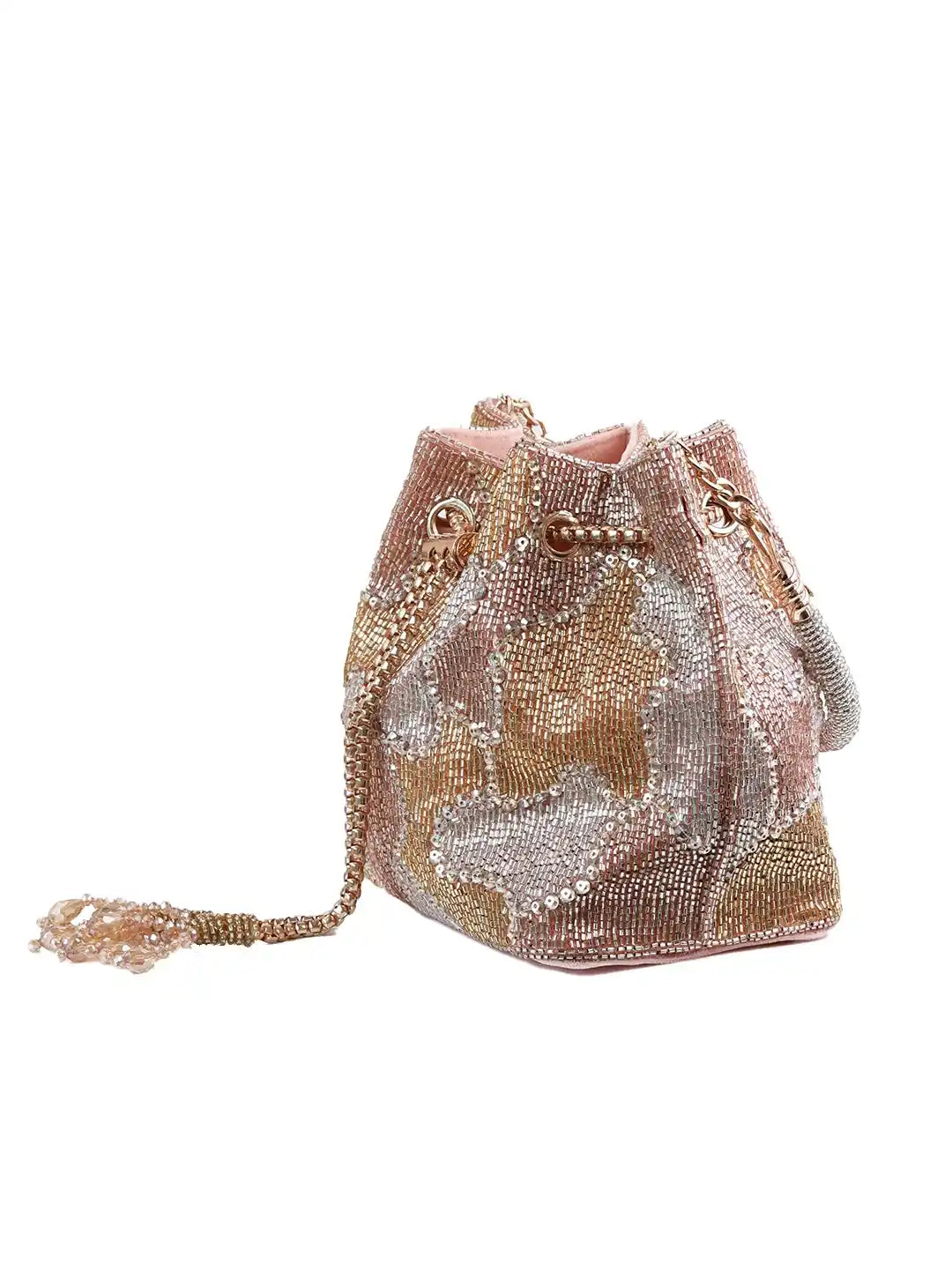 Terra Rose Gold Bucket Bag from The Tan Clan, a stylish potli bag with metallic finish and detailed handle design.