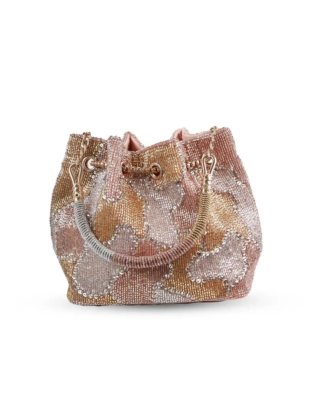Terra Rose Gold Potli Bag by The Tan Clan featuring a shiny, rounded bucket-style design with a drawstring closure.