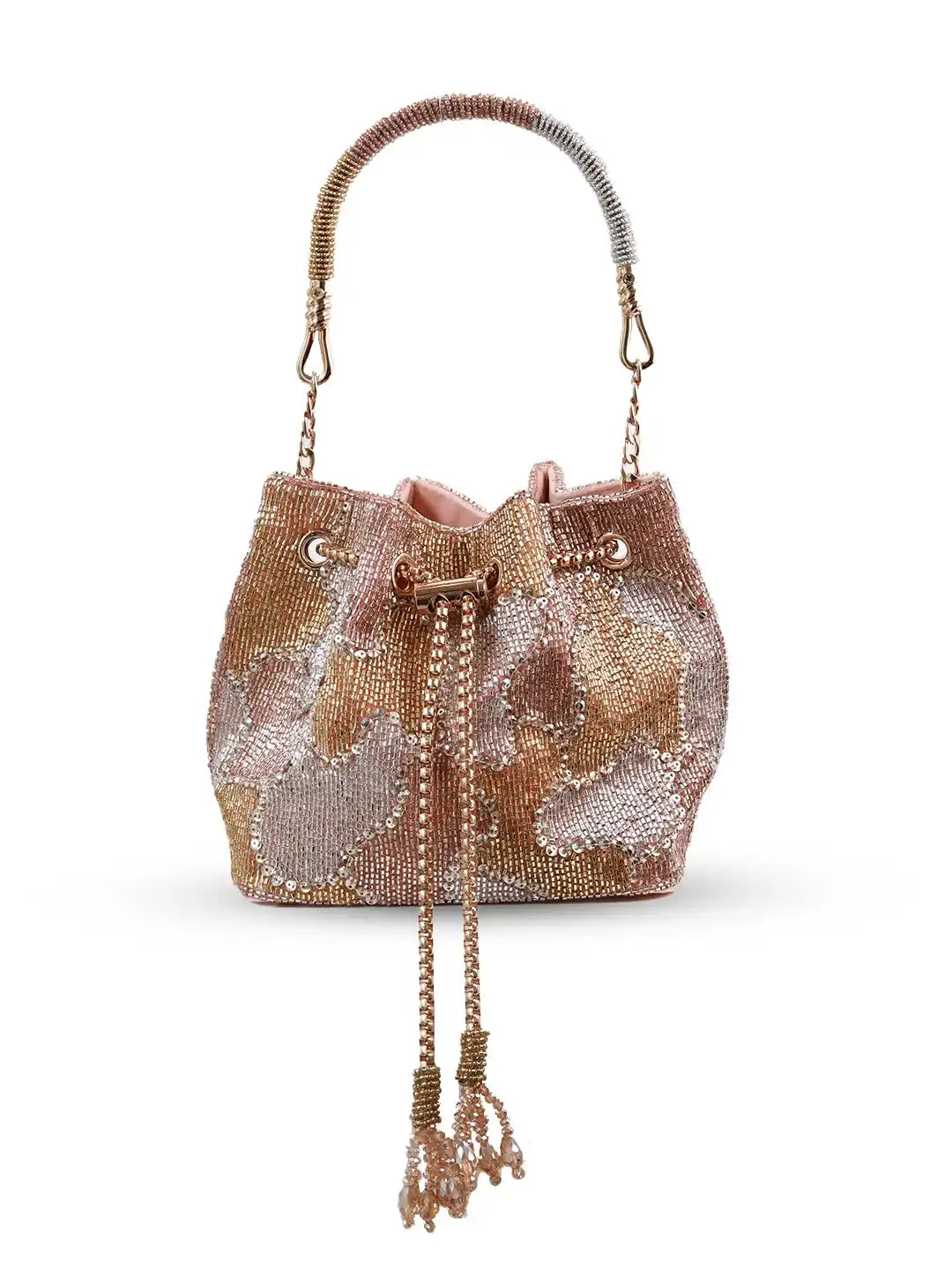 Rose gold Terra bucket bag from The Tan Clan, stylish potli bag with elegant design and drawstring closure.