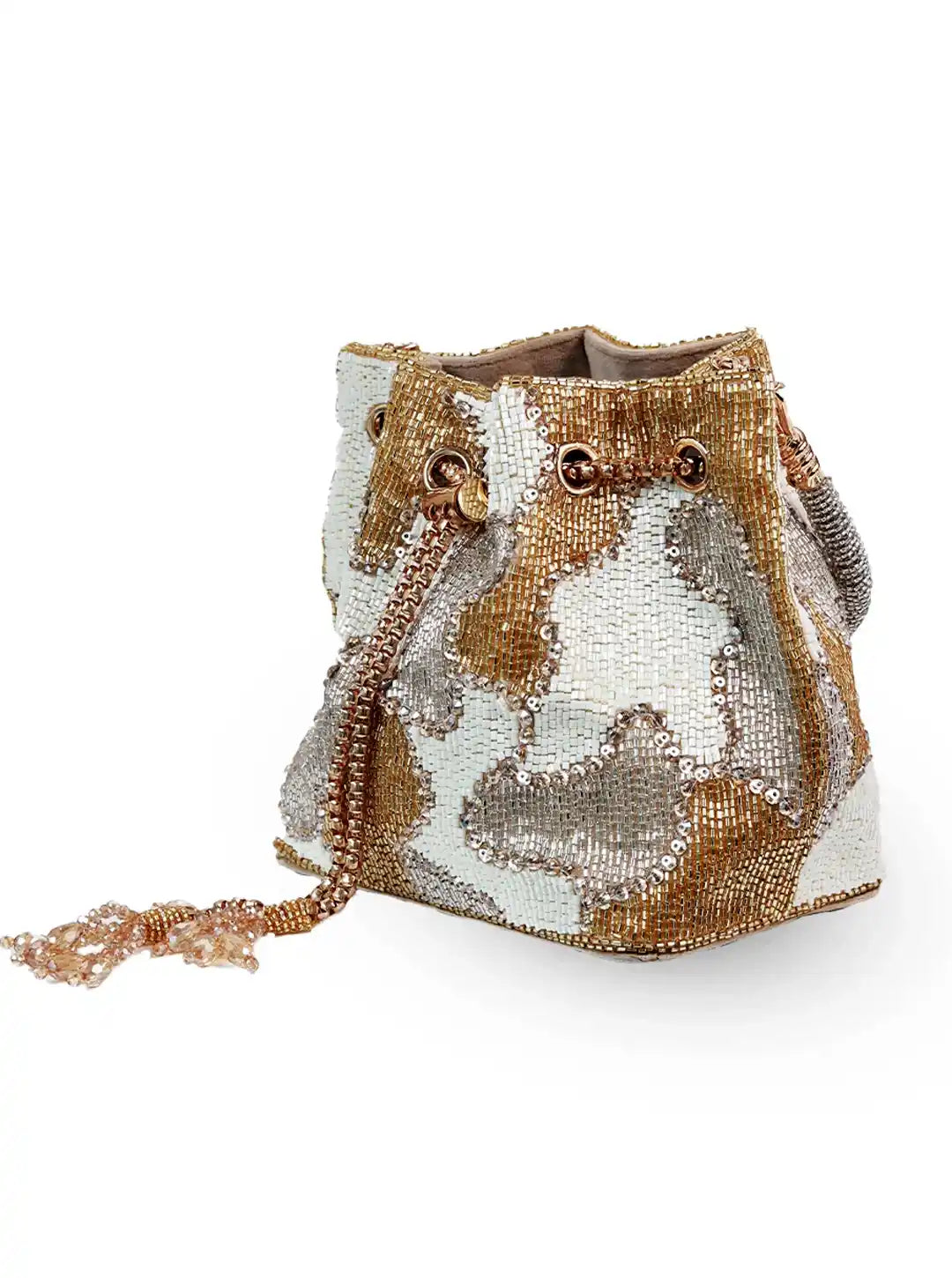 White Terra Bucket Bag from The Tan Clan, a stylish potli bag with a rounded shape and traditional design.