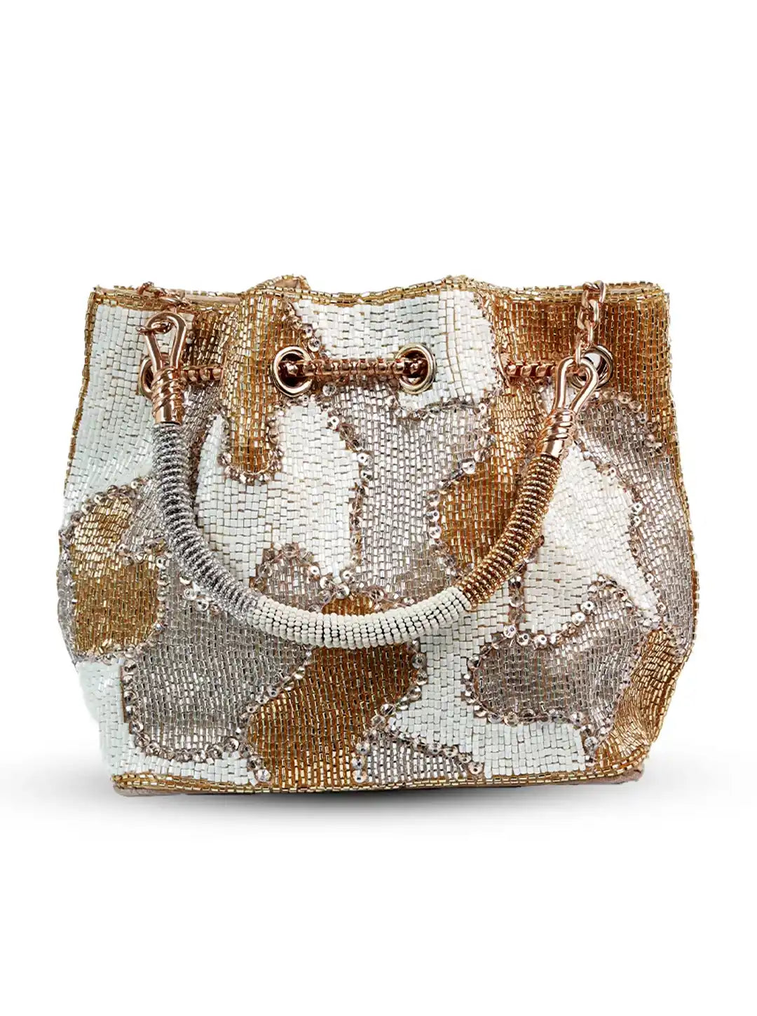 White Terra bucket bag by The Tan Clan, stylish potli bag with traditional drawstring closure and elegant design.