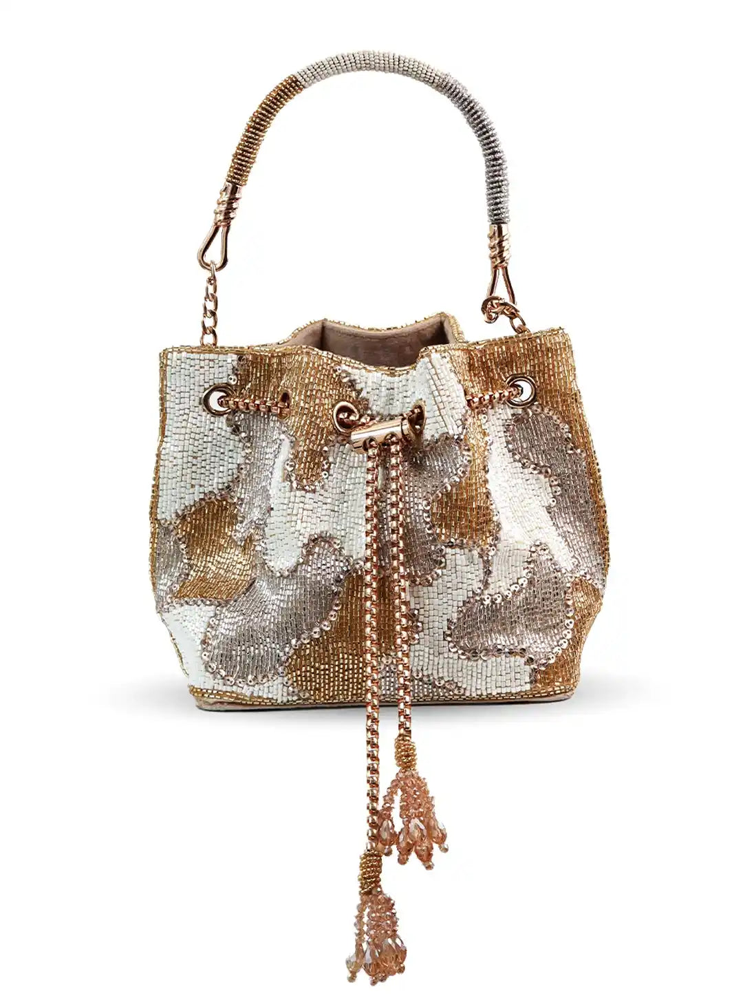 Terra white bucket bag by The Tan Clan, stylish potli bag with a textured design and drawstring closure.