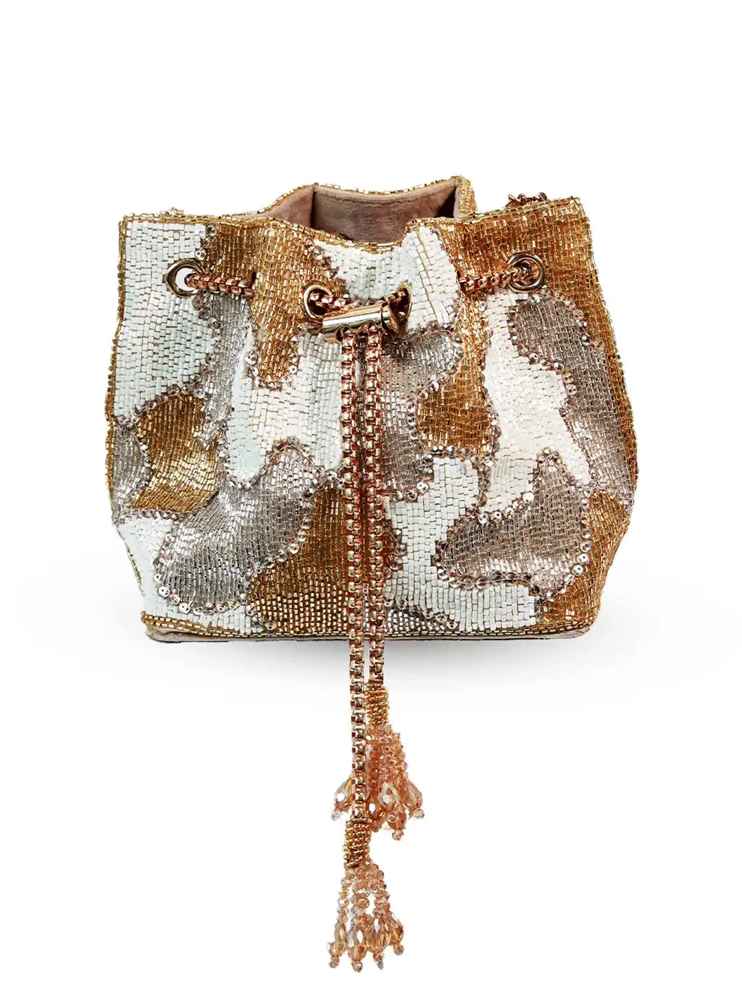 White Terra Bucket Bag by The Tan Clan, a stylish Potli bag with traditional design and intricate details.