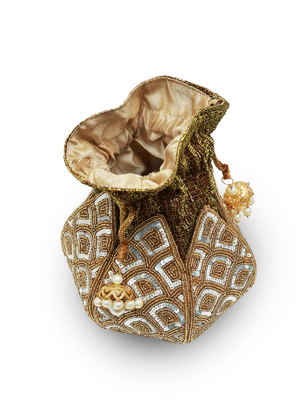 Yana Lotus Potli bag by The Tan Clan featuring a pearl handle and intricate lotus design, elegant traditional accessory.