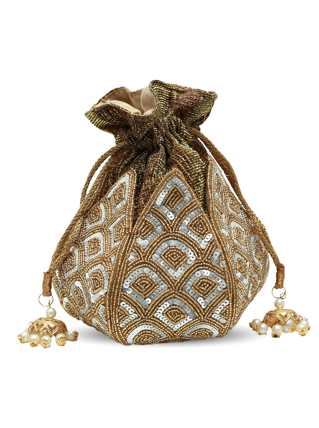 Yana Lotus Potli bag by The Tan Clan with pearl handle, featuring intricate lotus design and traditional Indian style.