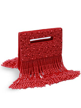 White Ruby Embellished Flap Over Clutch Bag by The Tan Clan, featuring sparkling ruby accents and sleek design.