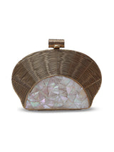 Mother of pearl tiara clutch from The Tan Clan featuring a decorative, elegant pearl design perfect for special occasions.