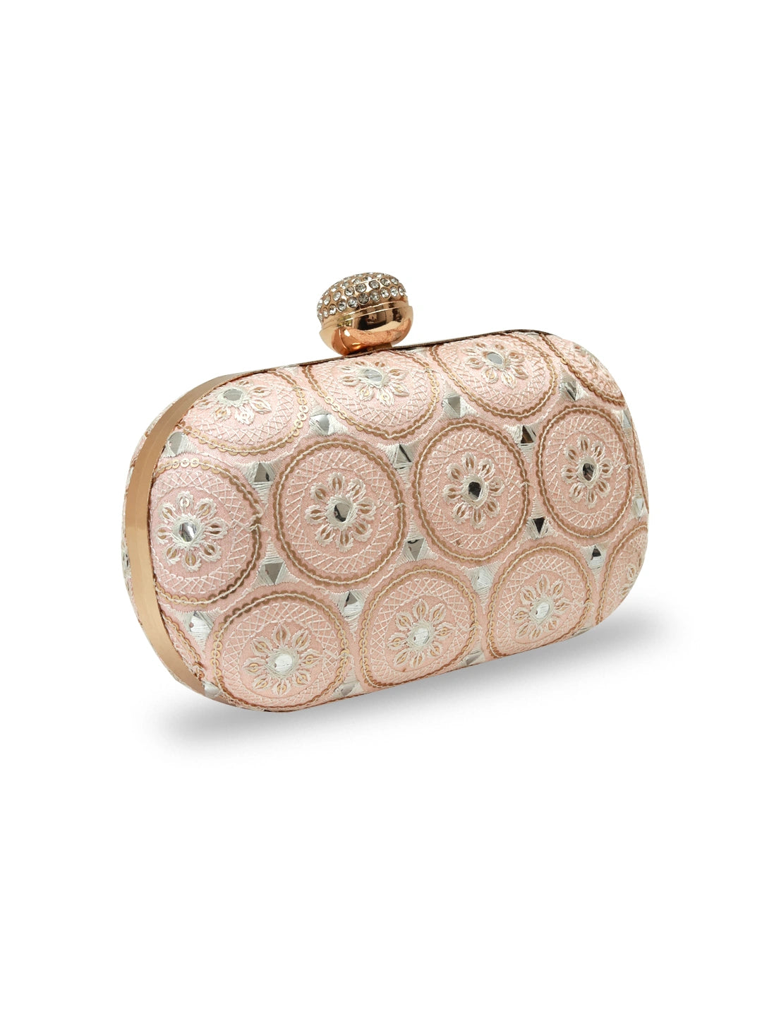Inaara Peach oval clutch by The Tan Clan featuring a sleek design and smooth texture, perfect for elegant occasions.